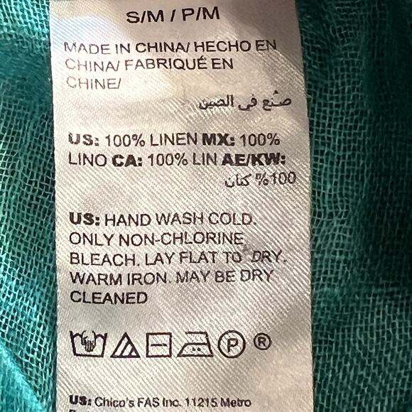 Chicos Topper 100% Linen Top Teal Paisley Coverup Blouse V-Neck Small / Medium - Picture 9 of 9
